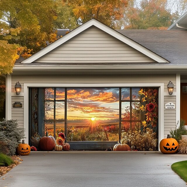 Halloween Door Decorations Outdoor Garage Door Cover Pumpkin Field Banner Scary Forest Large Backdrop Decoration for Holiday Outdoor Garage Door Home Wall Decorations 20
