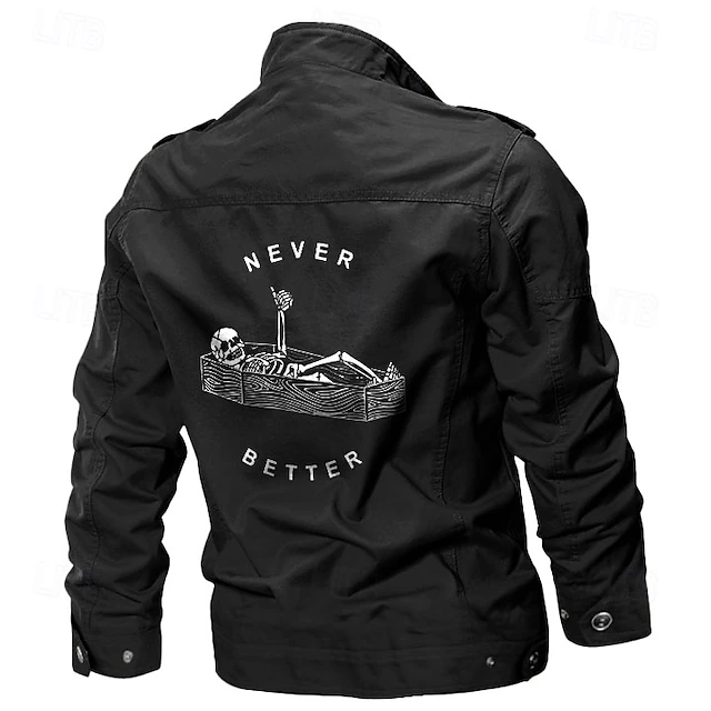 Men's Cotton Embroidered Military Jacket Cargo Jacket with Shoulder Straps Long Sleeve Standing Collar Multi-Pockets Coat Trucker Jacket Skull Letter Print Tactical Outerwear 5