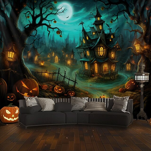 halloween dekorasjoner hengende billedvev gresskar dverg hus veggkunst stor billedvev veggmaleri dekor fotografi bakteppe teppe gardin hjem soverom stue dekorasjon