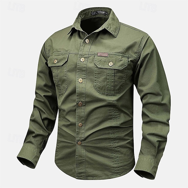  Herren Hemd Arbeitshemden Knopfhemd Cargo-Shirt Schwarz Weiß Rote Kaki Armeegrün Langarm Glatt Kargen Urlaub Festtage Vordertasche Bekleidung 100% Baumwolle Modisch Brautkleider schlicht Komfortabel