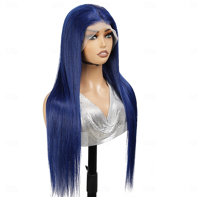  Parrucca frontale in pizzo blu 13x4 con capelli umani, parrucca frontale in pizzo trasparente con capelli lisci, densità 150%