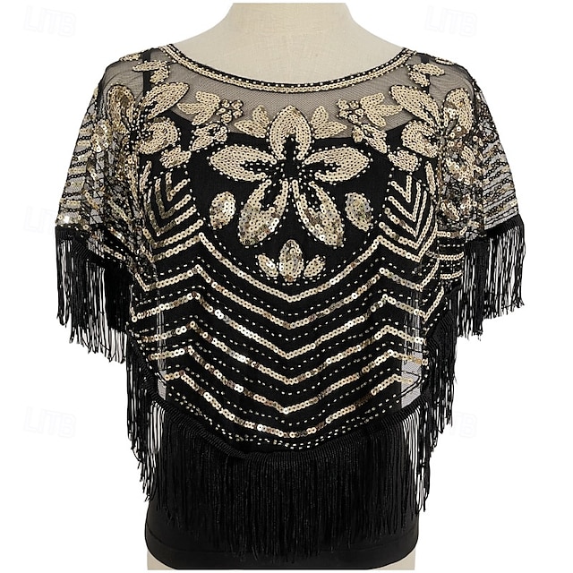  xale vintage glamour - respirável, enfeitado com lantejoulas, com borlas, estilo elegante estilo flapper com casaco combinando para uso noturno feminino - fino, curto, design de bata, perfeito para