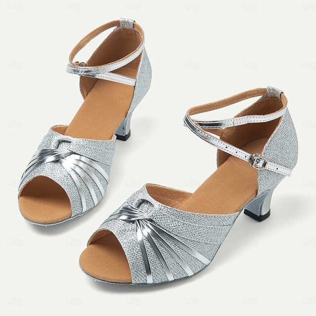 Women's Silver Customized Heel Open Toe Strappy Dance Shoes with Crystals