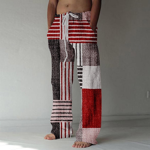  Men's Casual Pants Pocket Drawstring Straight Leg Geometric Color Block Patchwork Vacation Casual Pink Red Inelastic
