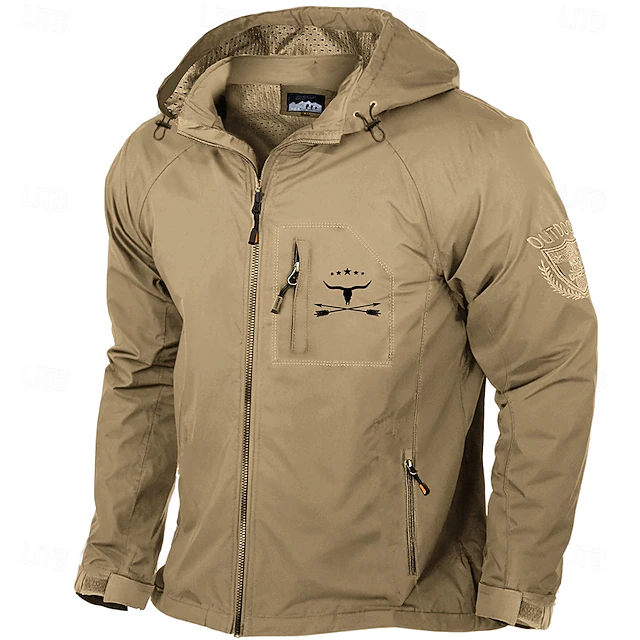 Men's Cow Print Jacket Raincoat Shell Jacket Waterproof Rain Waterproof Lightweight Casual Sports Outdoor Camping & Hiking Embroidered Side Pockets Zip Front Fall Winter Hooded Long Sleeve khaki Army 12