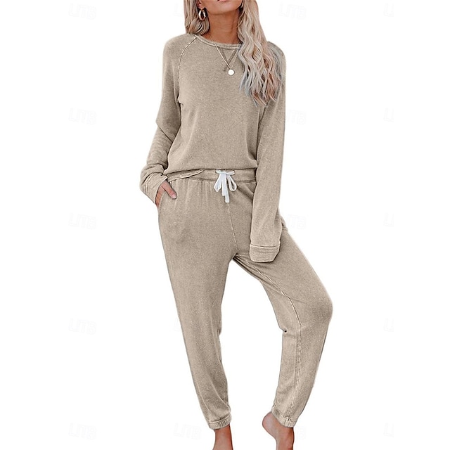  pyjamasset för kvinnor ren färg mode grundläggande komfort hem daglig säng andas rund hals långärmad byxficka resår midja höst vinter hem outfits