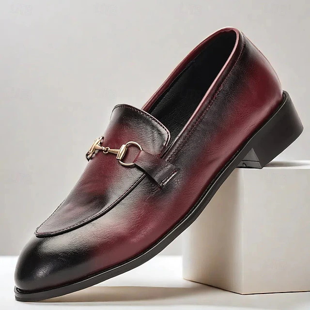 Men's Burgundy Gradient Leather Loafers with Metal Bit Detail - Elegant and Comfortable Formal Shoes for Business and Special Occasions 8
