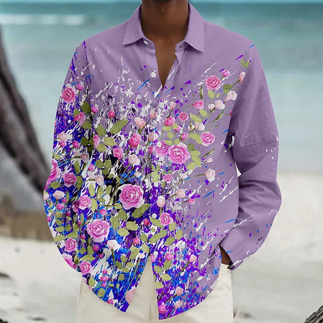 Men's Floral Beach Shirt Button Up Shirt Long Sleeve Hawaiian Casual Vacation Daily Fall Spring & Summer Collared Shirts 3D Print White Pink Blue Purple Green 8