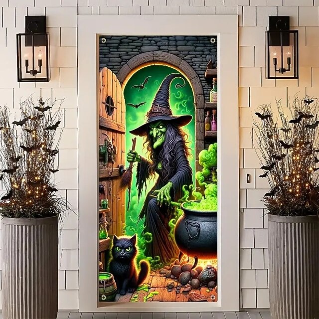 Halloween Door Decorations Halloween Door Covers Skeletons Pumpkin Door Tapestry Door Curtain Decoration Backdrop Door Banner for Front Door Farmhouse Holiday Party Decor Supplies 6