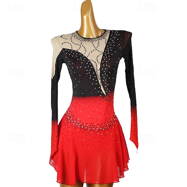  Kunstschaatsjurk Dames Voor meisjes Schaatsen Jurken Waterblauw Rood Zwart / blauw Lapwerk Open achterkant Netstof Spandex Hoge Elasticiteit Opleiding Oefenen Professioneel Kunstschaatskleding