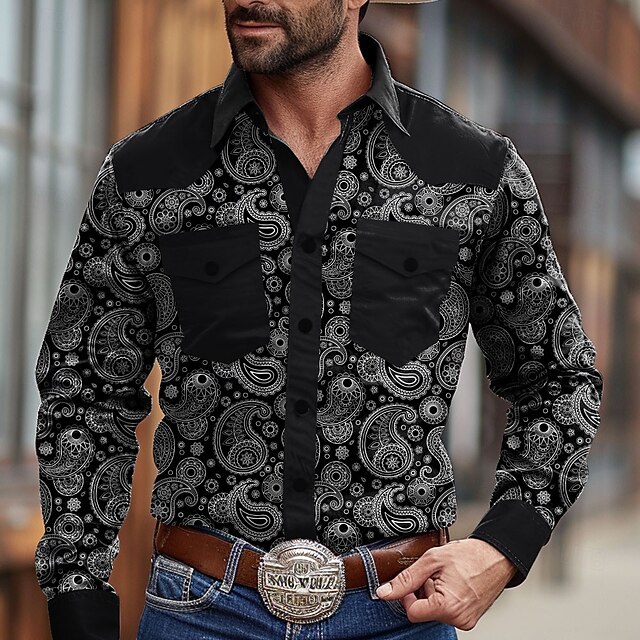 Men's Paisley Cowboy Western Shirt Button Up Shirt Cowboy Shirt Long Sleeve Vintage Western Daily Holiday Fall Winter Spring & Summer Turndown Collared Shirts 3D Print Black4