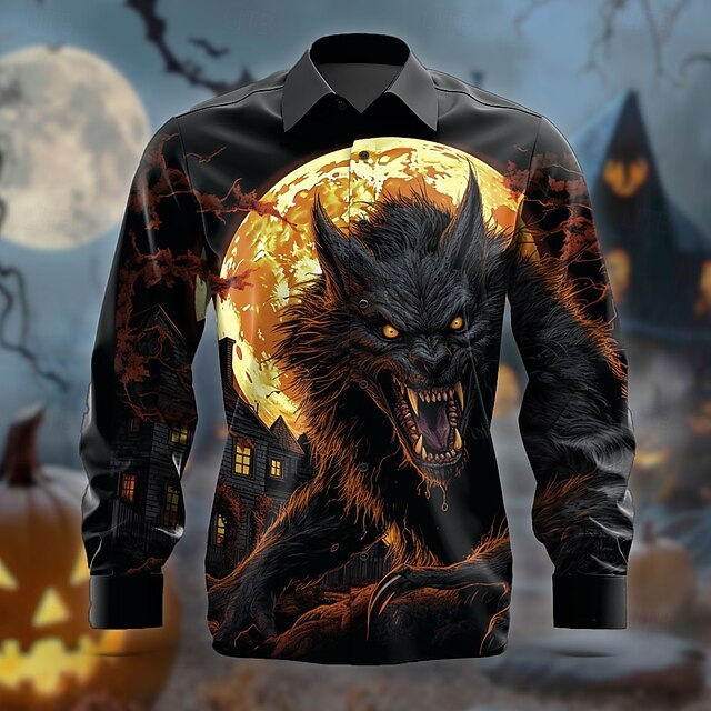 Halloween Men's Halloween Costumes Button Up Shirt Long Sleeve Horror Party Evening Wear Fall Winter Spring & Summer Shirt Collar 3D Print Black4