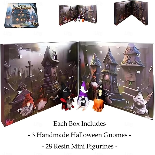  2024 Halloween Gnome Advent Calendar, 2024 Halloween Countdown Calendar, Decoration for Aldults Kids Holiday Halloween Christmas Gifts (3pcs Gnome Doll + 28pcs Resin Mini Figurine Per Box)