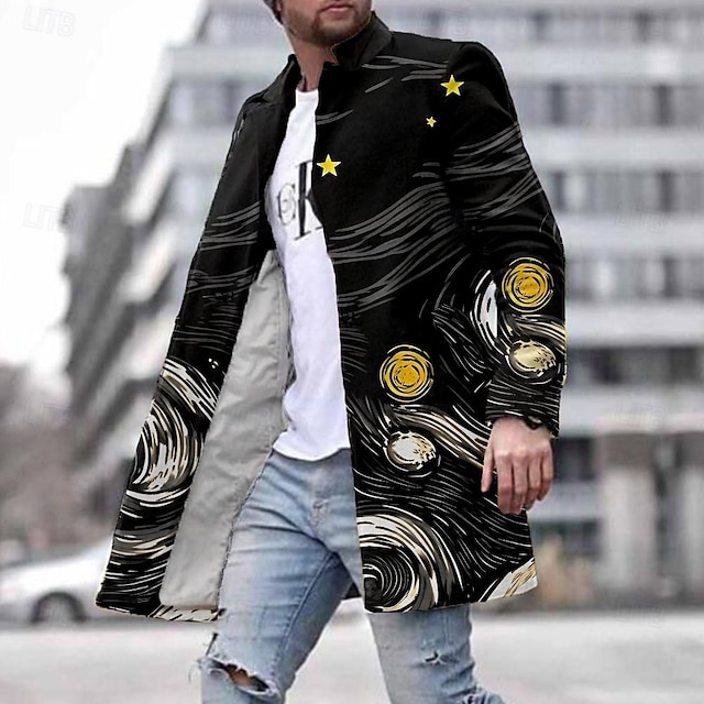  Herren Sternenklarer Himmel Wintermantel Mantel Mit Taschen Brautkleider schlicht Freizeitskleidung Urlaub Ausgehen Bedruckt Vordertasche Herbst Winter Umlegekragen Langarm Schwarz