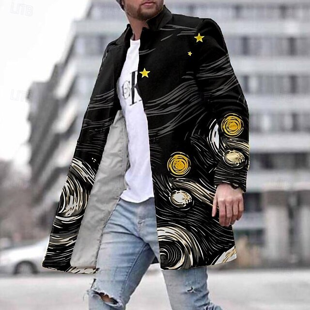 Men's Starry Sky Winter Coat Overcoat Coat With Pockets Casual Vacation Daily Wear Going out Print Front Pocket Fall & Winter Turndown Long Sleeve Black4