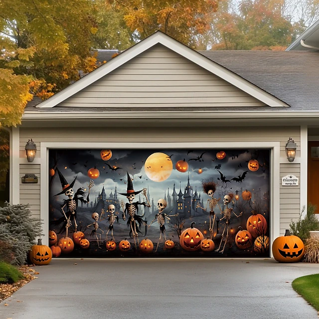 Halloween Door Decorations Outdoor Halloween Garage Door Cover Jack O Lantern Banner Large Tapestry Backdrop Decoration for Holiday Outdoor Garage Door Home Wall Decorations 31