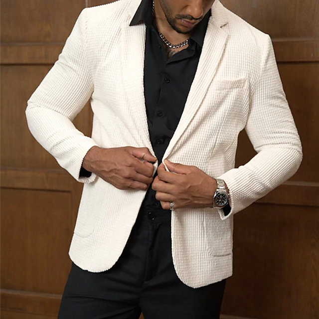 Men's Graduation Waffle Blazer Blazer Business Cocktail Party Wedding Party Fashion Casual Spring & Fall 65% Cotton Plain Pocket Buttons Comfortable Single Breasted Blazer White 7