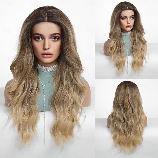  Perruque en dentelle synthétique Ondulation naturelle Style 26 pouce Ombre Blond Marron Foncé Doré Partie médiane Ouverte Perruque Femme Perruque Brun doré avec blond