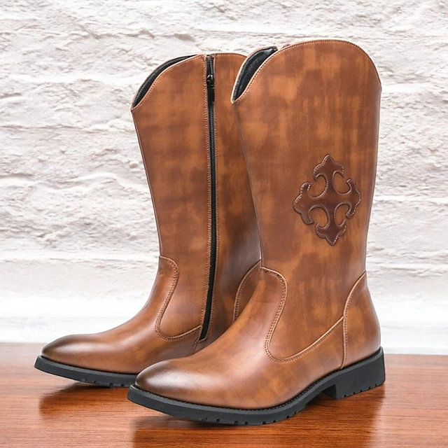 Men's Brown Western Cowboy Boots with Embossed Design and Side Zipper, Perfect for Outdoor and Casual Wear 14