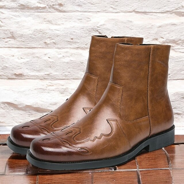 Men's Brown Faux Leather Western Boots with Unique Toe Embroidery, Classic Style for Ranch and Casual Wear 14