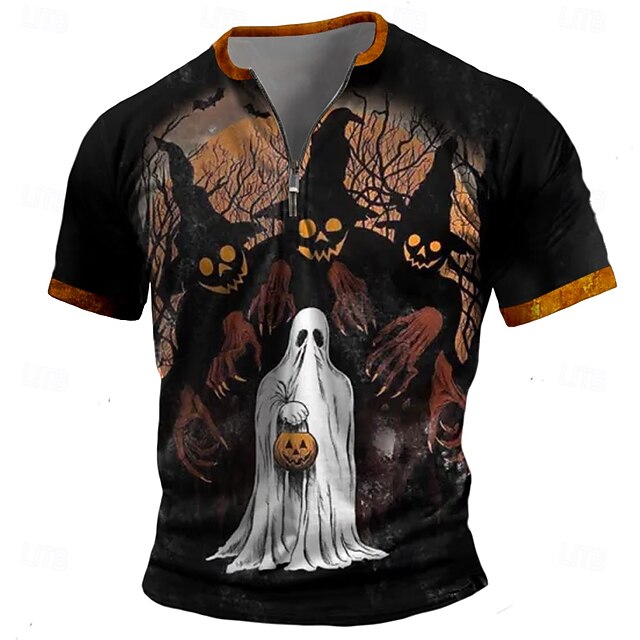 Men's Pumpkin Boo T Shirt Short Sleeve T shirt 3D Print Half Zip Shirt Retro Vintage Street Casual Daily Black Summer Spring Clothing Apparel S M L XL XXL XXXL4