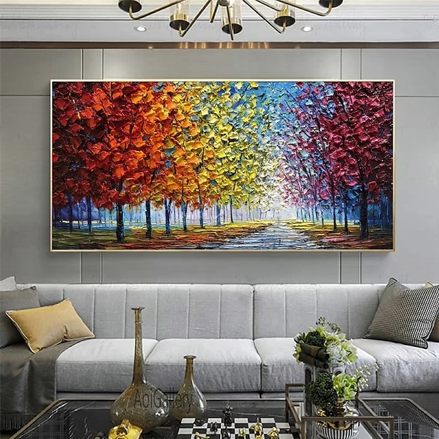  grande peinture à l'huile d'arbre peinte à la main sur toile peinture d'automne de forêt colorée faite à la main pour l'art du salon peinture impasto texturée lourde peinte à la main