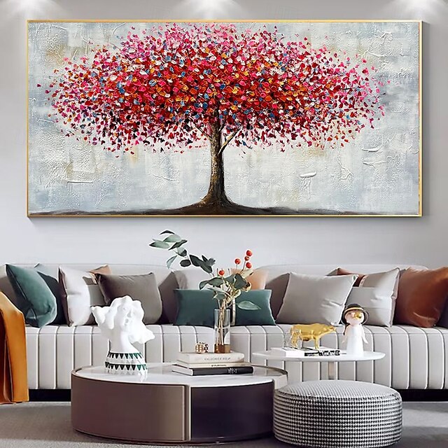  peinture à l'huile faite à la main sur toile, décoration murale, arbre d'argent rouge abstrait moderne pour salon, décoration d'intérieur, peinture roulée sans cadre, non étirée