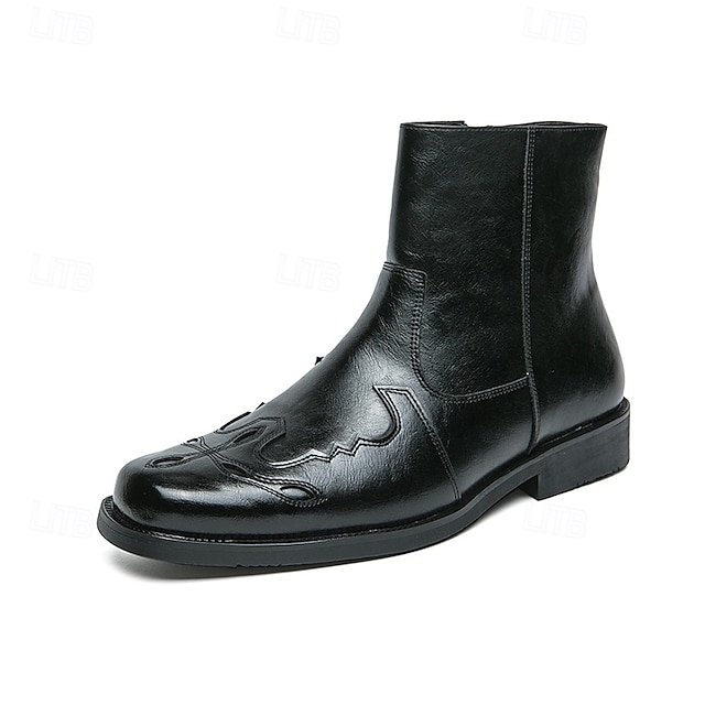  cizme occidentale maro din piele artificială pentru bărbați cu broderie unică la vârf, stil clasic pentru ținute ranch și casual