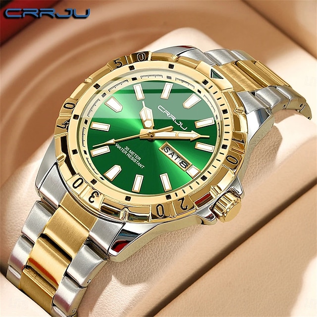  Crrju top original hommes montre à quartz vert montre étanche pour hommes en acier inoxydable quartz hommes montre de luxe montre-bracelet lumineuse