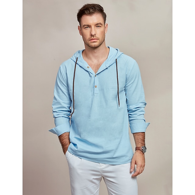  Per uomo Camicia Camicia di lino Camicia Estiva Abbigliamento da spiaggia Semplice Vacanza Casuale Bianco Rosso Blu Verde Manica Lunga Con Cappuccio Primavera & Estate Abbigliamento