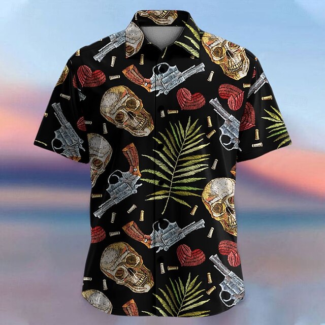 Men's Skull Tropical Flowers Summer Hawaiian Shirt Button Up Shirt Aloha Shirt Short Sleeve Shirt Collared Shirts Hawaiian Casual Vacation Party Evening Wear Daily Black S M L4