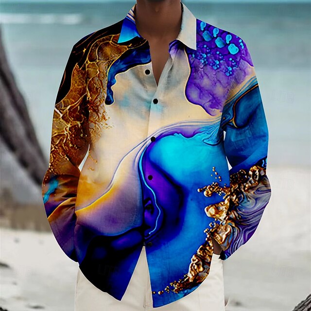 Men's Beach Shirt Button Up Shirt Long Sleeve Hawaiian Vacation Daily Fall Winter Spring & Summer Collared Shirts 3D Print Blue4
