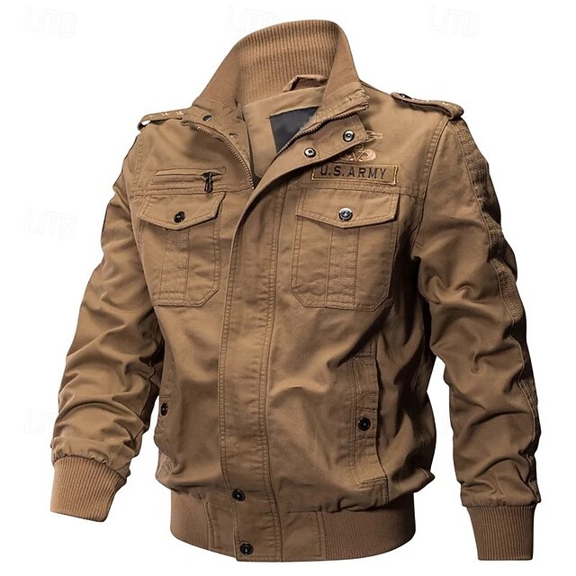 Men's Bomber Jacket Casual Jacket Daily Vacation Breathable Pocket Spring & Fall Plain Fashion Classic Lapel Regular Black Khaki Army Green Jacket 10