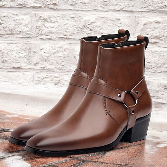  Botines de moto de piel sintética marrón para hombre con detalle de correa y anillo de metal: elegantes botas de motociclista de inspiración western