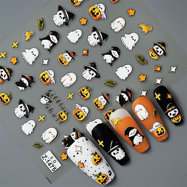  5D embosované nálepky na nehty s halloweenskou dýní – děsivý a detailní dýňový design pro strašidelnou manikúru a nail art