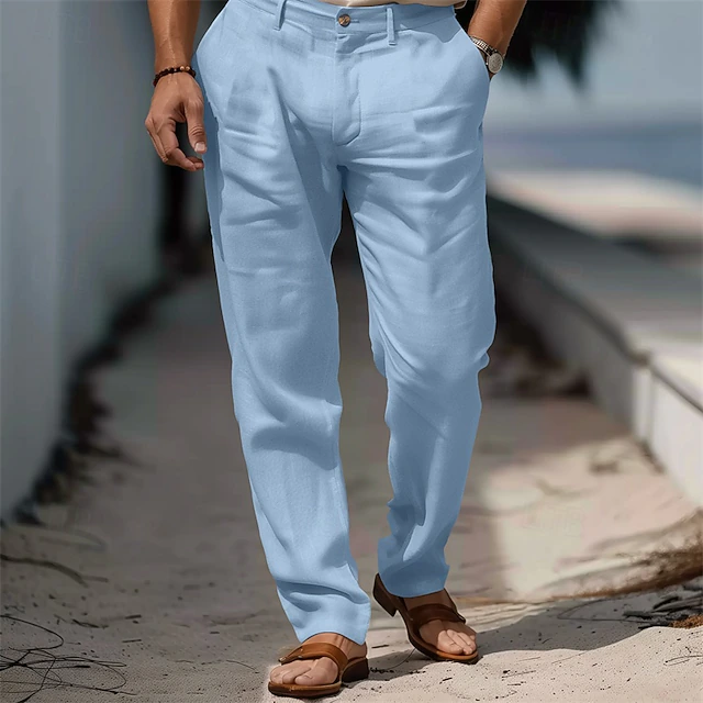 Men's Linen Pants Trousers Dress Pants Summer Pants Beach Pants Front Pocket Straight Leg Plain Comfort Breathable Full Length Formal Business Holiday Fashion Basic White Navy Blue 10