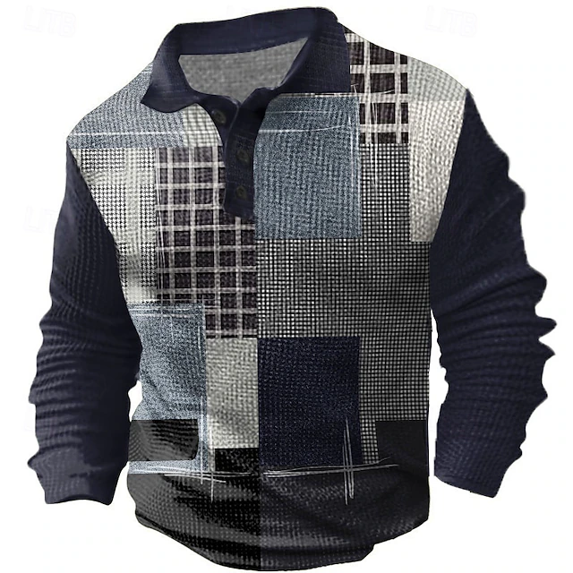 Men's Plaid Golf Shirt Long Sleeve Polo Shirts Collared Shirts Vintage Casual Vacation Wear Formal Wear Festival Wear Buttons 3D Print Spring Fall Winter Blue4