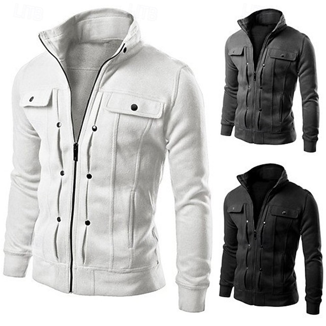  Homens jaqueta leve jaqueta de verão Jaqueta de Camisa Jaqueta de Transição Rua Roupa Diária Manter Quente Zíper Bolsos Outono & inverno Tecido Moda Clássico Colarinho Clerical Padrão Cinzento Escuro