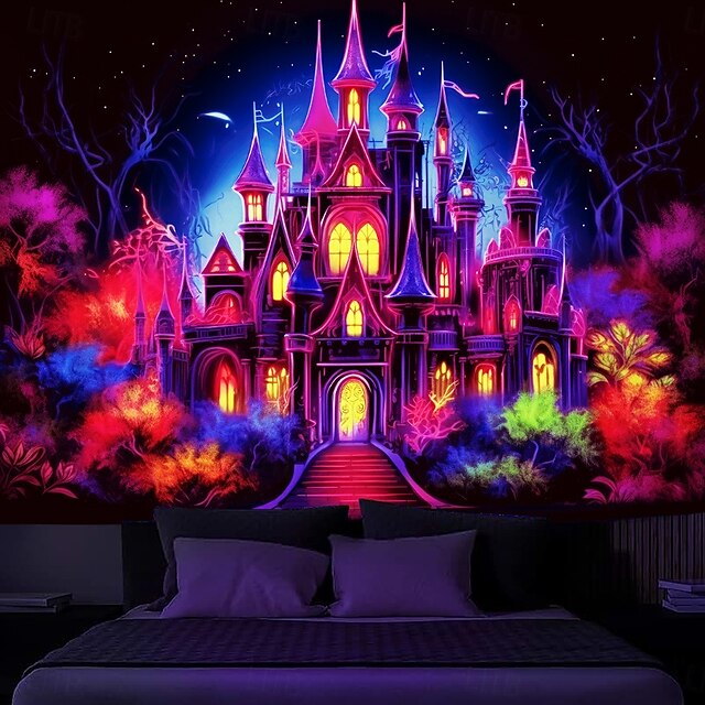  Halloween Blacklight Tapestry Haunted Castle UV Reactive Glow in the Dark Glow Party Trippy Misty Haunted House Hanging Tapestry Wall Art Mural for Living Room Bedroom