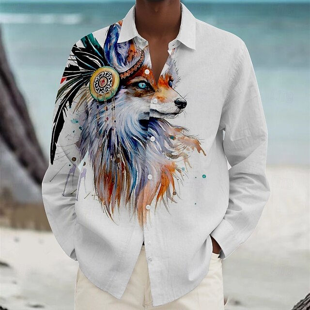 Men's Wolf Beach Shirt Button Up Shirt Long Sleeve Vintage Hawaiian Vacation Daily Fall Winter Spring & Summer Collared Shirts 3D Print White4