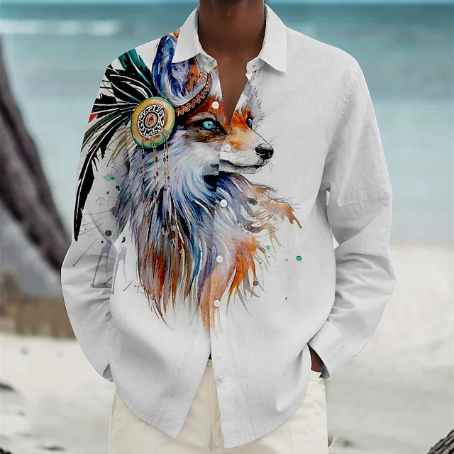 Men's Wolf Beach Shirt Button Up Shirt Long Sleeve Vintage Hawaiian Vacation Daily Fall Winter Spring & Summer Collared Shirts 3D Print White4