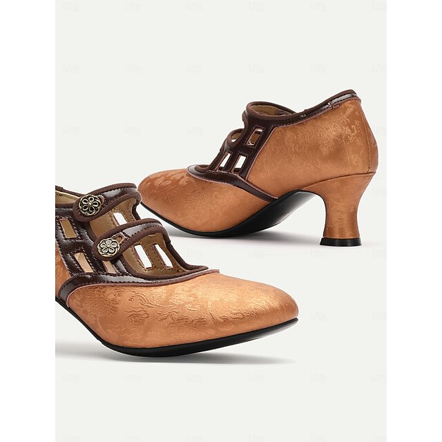 Women's Elegant Vintage Gatsby T-Strap Mid-Heel Pumps-Bronze Mary Jane Shoes with Floral Button for Oktoberfest, Formal, and Casual Wear 8