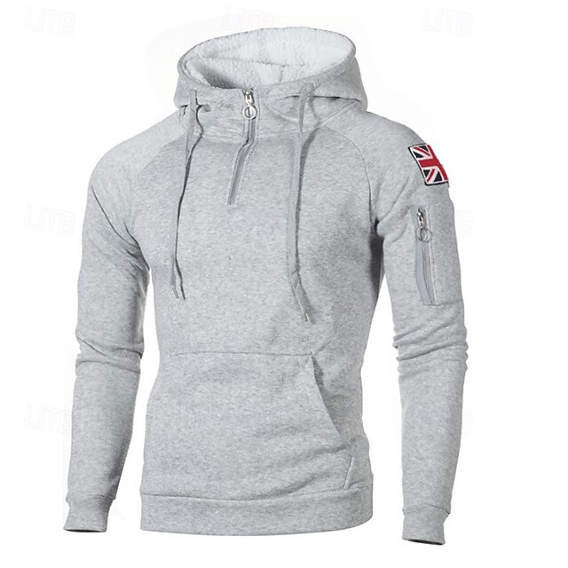 Men's Hoodie Polar Fleece Quarter Zip Hoodie Black Red Light Grey Dark Gray Hooded National Flag Pocket Sports & Outdoor Daily Holiday Streetwear Basic Casual Fall & Winter Clothing Apparel Hoodies 11