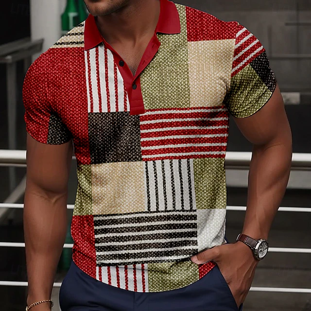 Men's Plaid Golf Shirt Short Sleeve Polo Shirts Collared Shirts Vintage Casual Vacation Wear Formal Wear Festival Wear Buttons 3D Print Summer Red Blue Green 6