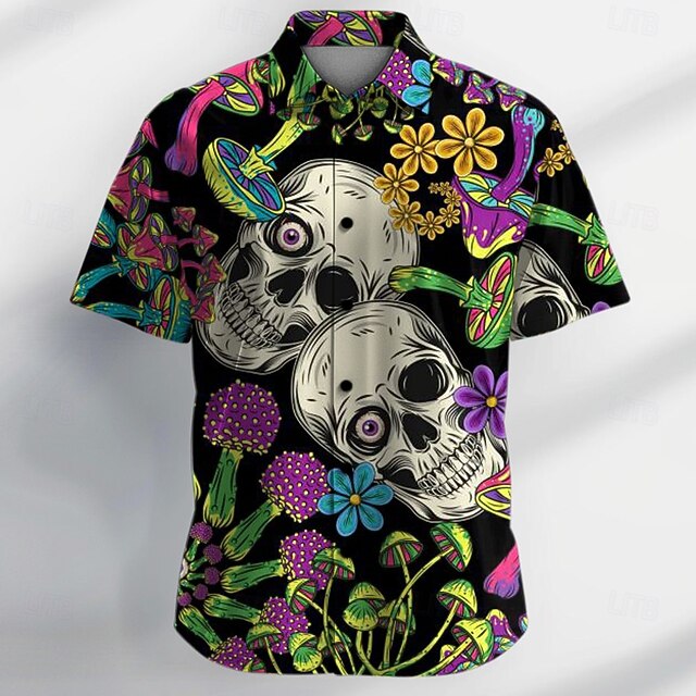 Men's Skull Halloween Costumes Button Up Shirt Short Sleeve Casual Dark Vacation Party Evening Wear Daily Summer Collared Shirts Button Up 3D Print Black4