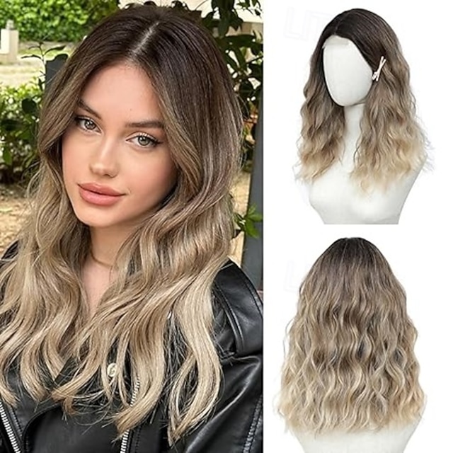  Peluca de longitud media para mujer, peluca ondulada de pelo sintético con raya en medio y mechones mejorados, peluca de pelo natural para fiestas diarias o fiestas navideñas