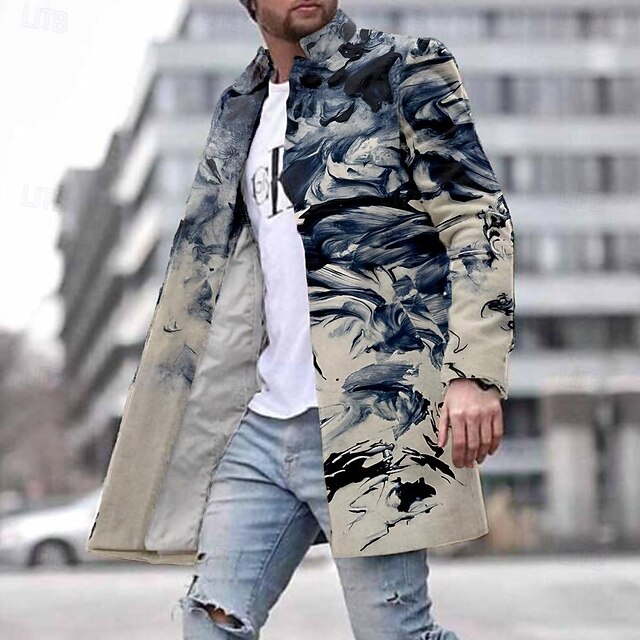 Men's Painting Mountain River Winter Coat Overcoat Coat With Pockets Casual Vacation Daily Wear Going out Print Front Pocket Fall & Winter Turndown Long Sleeve khaki4