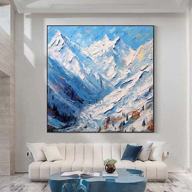  3D-Ölgemälde mit Bergen, handgemalt, dicke Textur, Ölgemälde mit Blütenblättern, beige-blaues Skyline-Schneegemälde auf Leinwand, handgemaltes abstraktes strukturiertes Ölgemälde für Wandkunst,