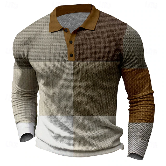 Men's Plaid Golf Shirt Long Sleeve Polo Shirts Collared Shirts Vintage Casual Vacation Wear Formal Wear Festival Wear Buttons 3D Print Spring Fall Winter Dark Brown Black White 7