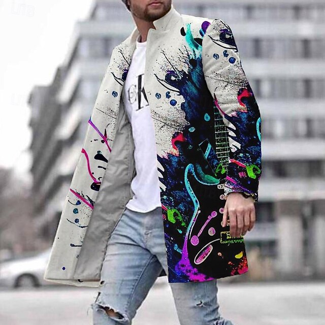 Men's Musical Instrument Winter Coat Overcoat Jacket Warm Comfortable Casual Party Evening Wear Daily Wear 3D Print Buttons Front Pocket Fall & Winter Turndown Long Sleeve Ink Blue4